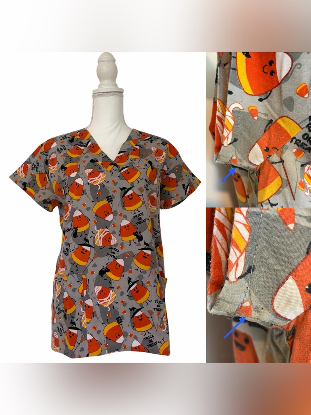 Cassandra O Halloween Gray Candy Corn Print Nursing Scrub Top Women’s Small
